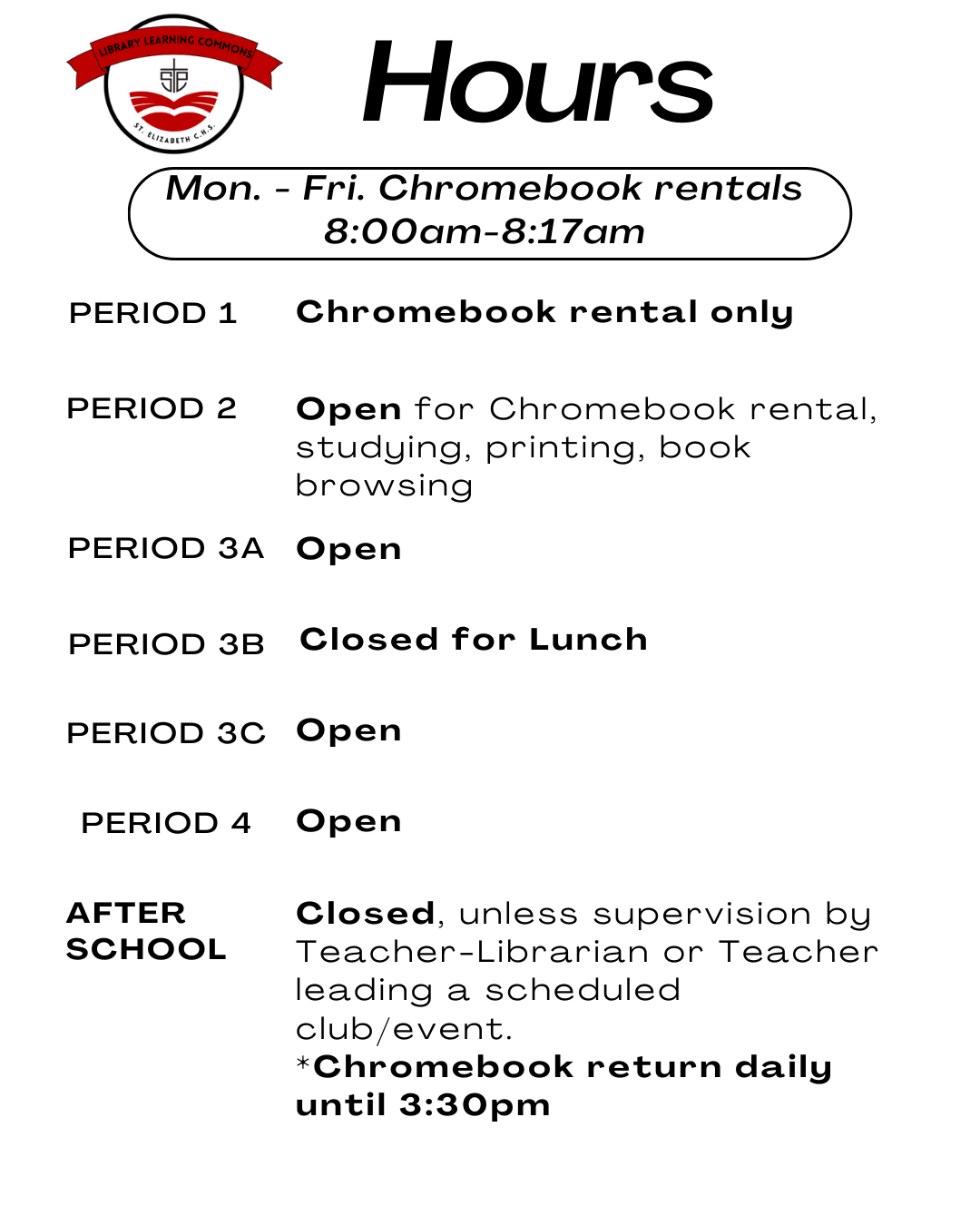Library Learning Commons Hours of Operation